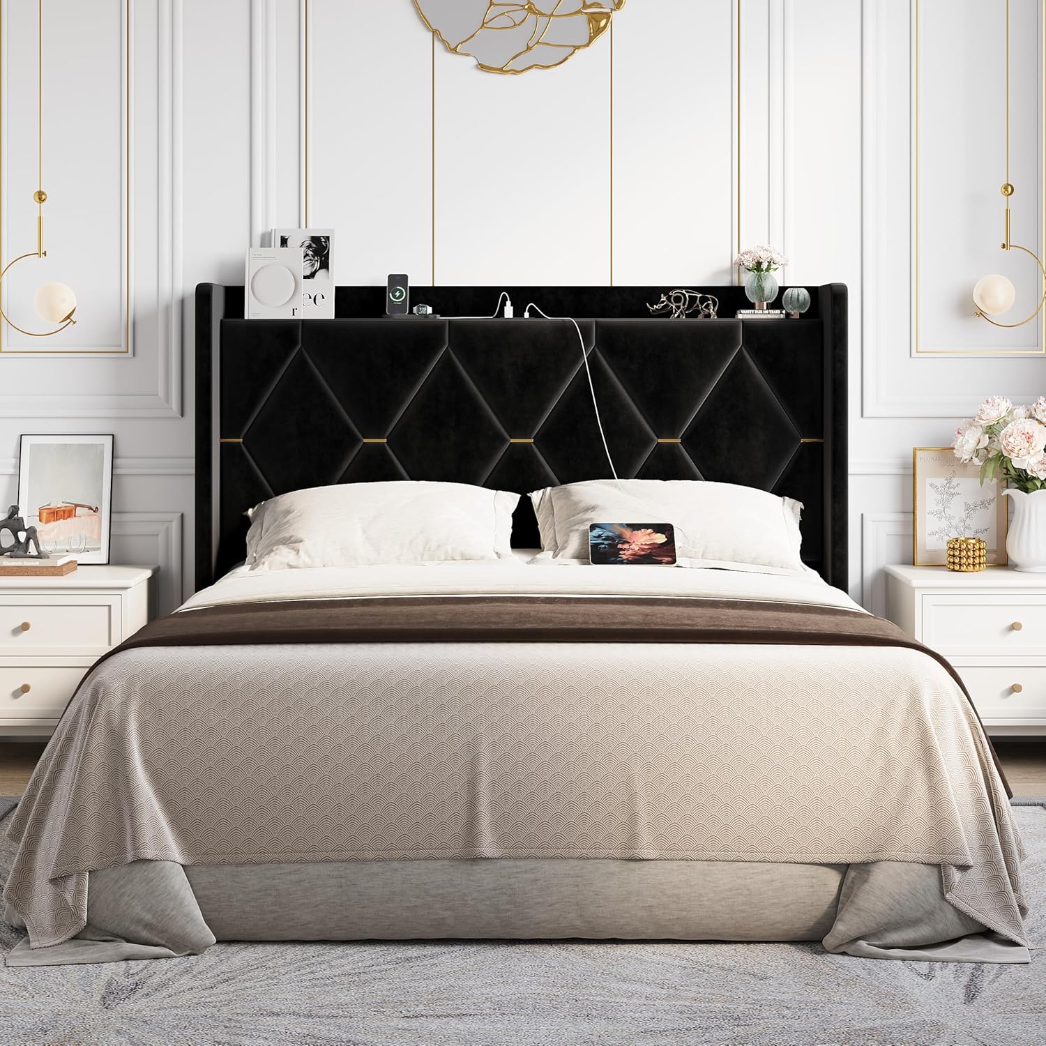 Allewie Velvet Queen Upholstered Bed Frame with Wingback Storage Headboard & Charging Station, Platform Bed with Diamond Tufted Design & Gold Trim, No Box Spring Needed, Easy Assembly, Black