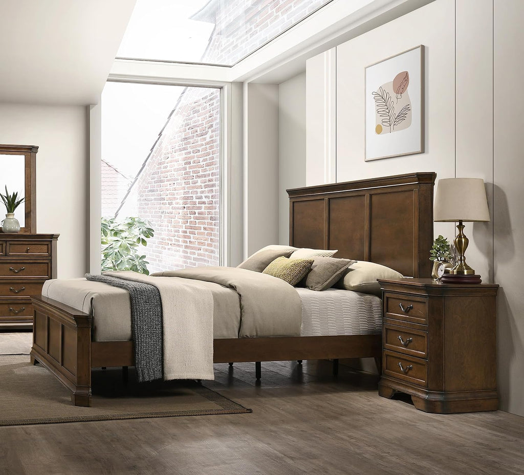Roundhill Furniture Maderne 3-Piece Bedroom Set with King Size Panel Bed and Two Nightstands, Antique Walnut Finish