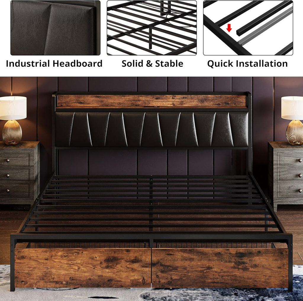 LIKIMIO King Size Bed Frame, Storage Headboard with Charging Station, Platform Bed with Drawers, No Box Spring Needed, Easy Assembly, Vintage Brown and Black