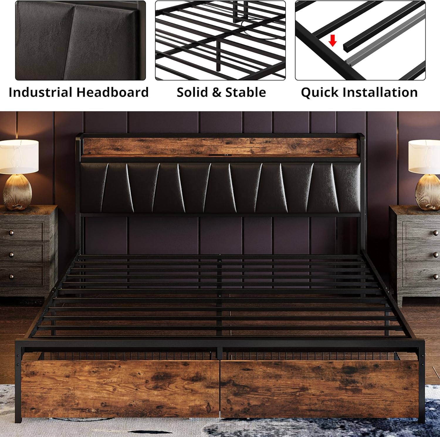 LIKIMIO King Size Bed Frame, Storage Headboard with Charging Station, Platform Bed with Drawers, No Box Spring Needed, Easy Assembly, Vintage Brown and Black