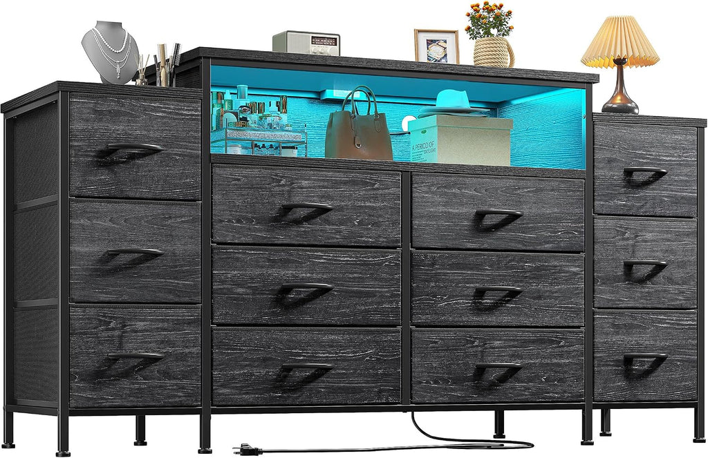 EnHomee 55' W Dresser for Bedroom with LED Lights & Charging Station 12 Drawer Dressers & Chests of Drawers Dresser TV Stand for Bedroom for Hanging 65' TV, Metal Frame & Fabric Drawers, Black