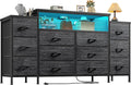EnHomee 55' W Dresser for Bedroom with LED Lights & Charging Station 12 Drawer Dressers & Chests of Drawers Dresser TV Stand for Bedroom for Hanging 65' TV, Metal Frame & Fabric Drawers, Black