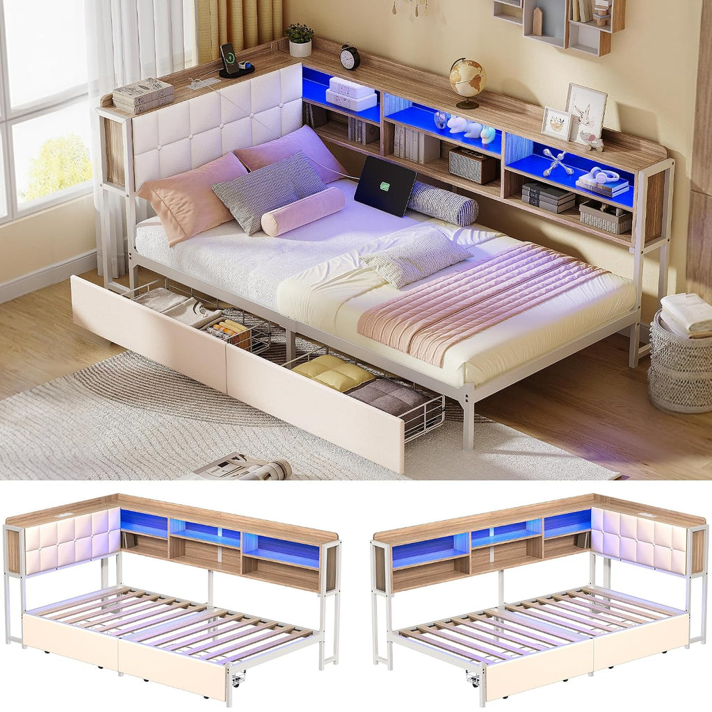 Twin Corner Bed Frame with Storage Drawers and Bookcase & Flip-up Storage Headboard, Twin Size Platform Corner Bed Frame with Charging Station and LED Lights, Twin Daybed for Dorm or Guests, Beige