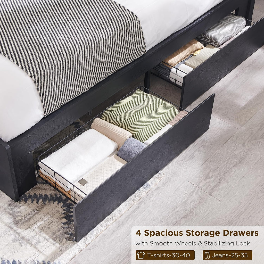 ACCOHOHO King Size Bed Frame Modern with 51' Tall Arched Recessed Headboard and 4 Drawers, Solid Wood Slats Support, Wood Platform, Noise Free, No Box Spring Needed, (Black)