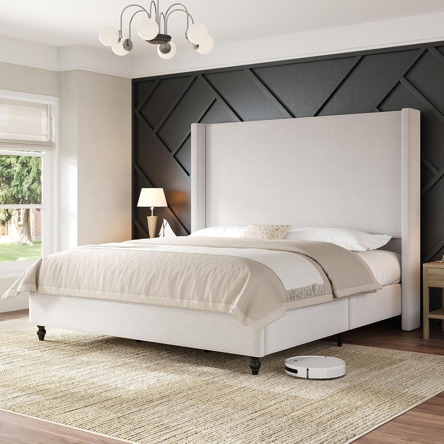AMERLIFE Queen Bed Frame with 63' Tall Headboard, Upholstered Corduroy Bed Frame with Wingback, Platform Bed with Solid Wood Gourd Legs, Solid Slats, No Box Spring Needed, White