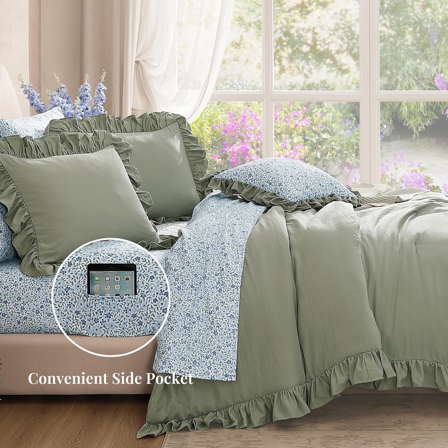 BLOOMHAVEN Oversized King Comforter Set - 7 Pieces Ruffle Sage Leaf Bedding Sets, Shabby Chic Farmhouse Bed in a Bag with Ruffle Comforter, Floral Sheets, Pillowcases & Shams