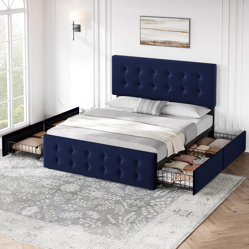 IDEALHOUSE Full Size Bed Frame with 4 Storage Drawers and Headboard, Velvet Upholstered Platform Bed Frame with Wooden Slats Support, Button Tufted Design, No Box Spring Needed, Blue