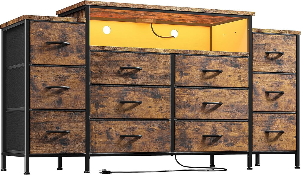EnHomee 55' W Dresser for Bedroom with LED Lights & Charging Station 12 Drawer Dressers & Chests of Drawers Dresser TV Stand for Bedroom for Hanging 65' TV, Metal Frame & Fabric Drawers, Rustic Brown