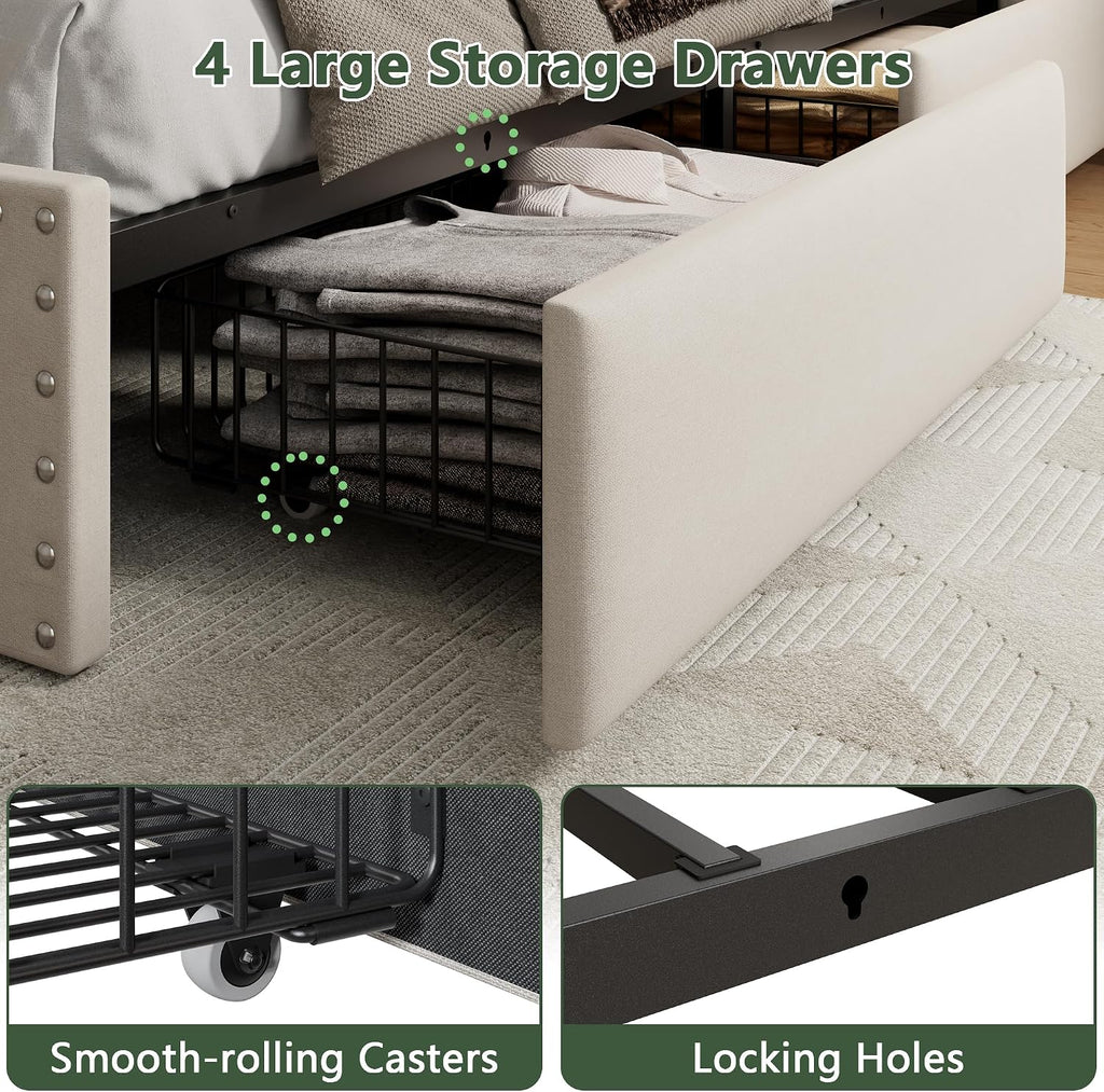 Forestell Full Size Bed Frame with 4 Drawers and Storage Headboard, Upholstered Platform Bed Frame Full Size with LED Lights and Charging Station, Metal Slats Support, No Box Spring Needed, Beige