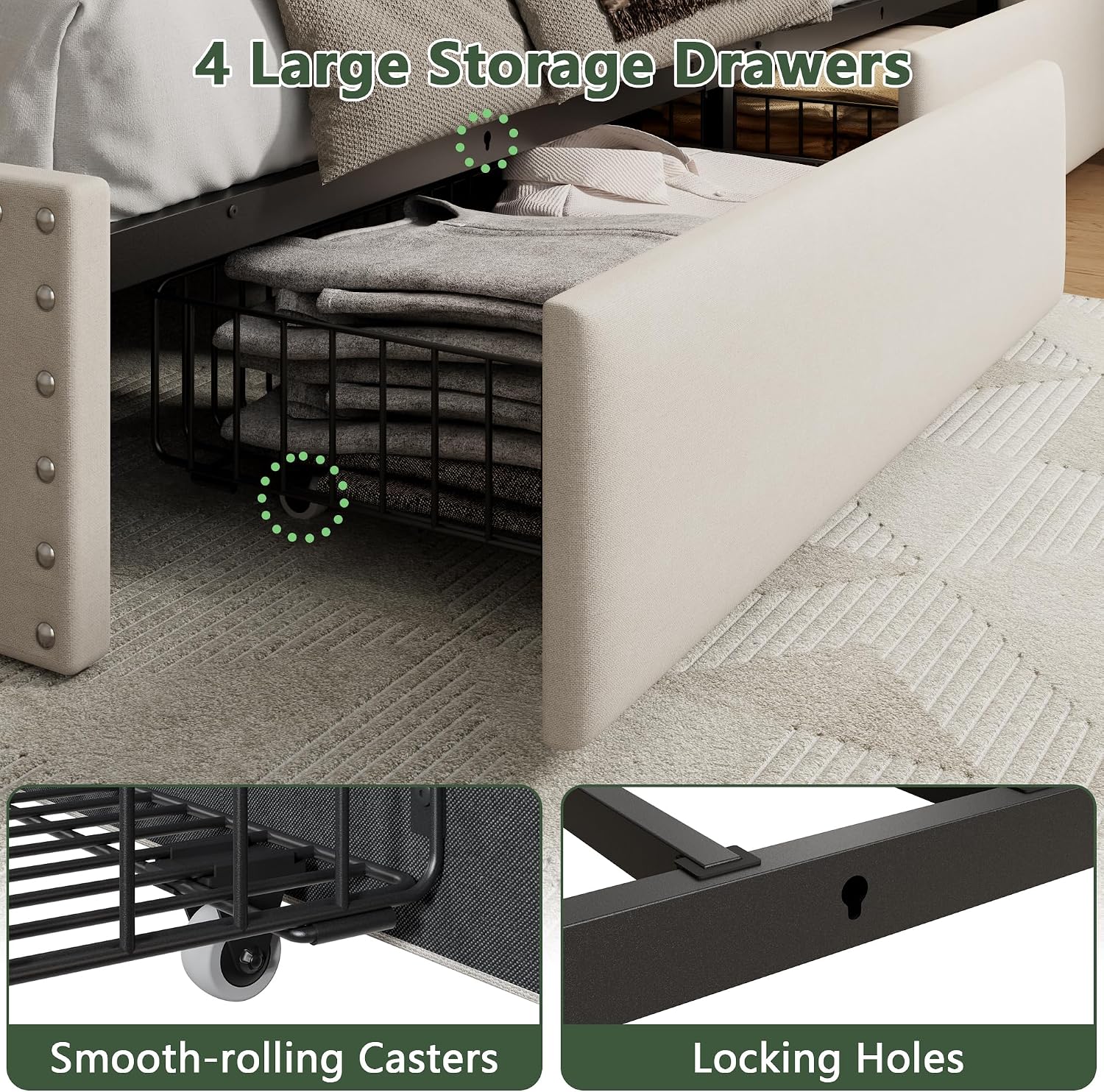 Forestell Full Size Bed Frame with 4 Drawers and Storage Headboard, Upholstered Platform Bed Frame Full Size with LED Lights and Charging Station, Metal Slats Support, No Box Spring Needed, Beige