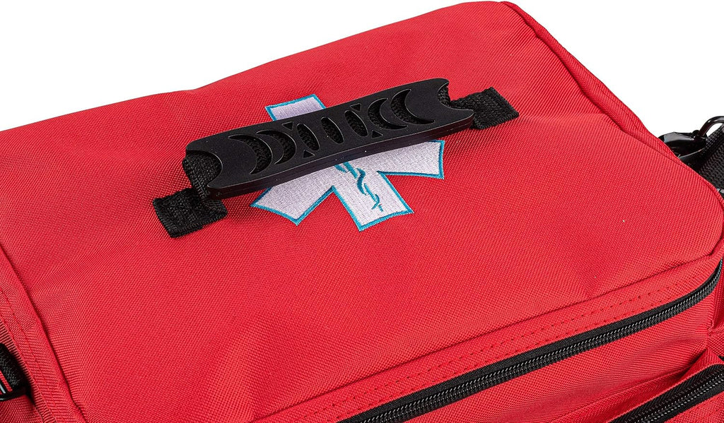 Scherber First Responder Fully-Stocked Professional Essentials EMT/EMS Trauma Kit | HSA/FSA Approved | Reflective Bag w/8 Zippered Pockets & Compartments & 200+ First Aid Supplies - Red