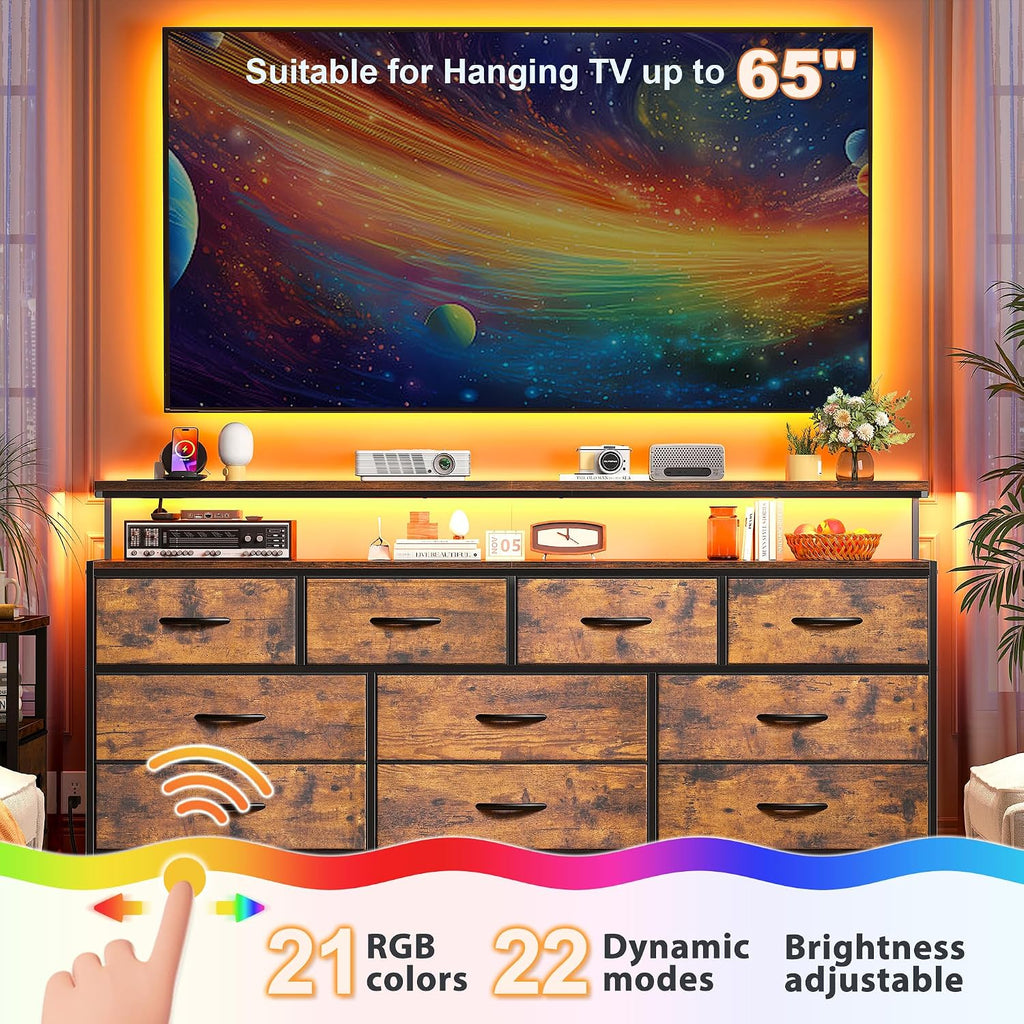 55' W Dresser for Bedroom with 10 Fabric Drawers Long Dresser with LED Lights & Power Outlets Wide Dressers & Chests of Drawers Large Organizer for Bedroom, Metal Frame, Wood Top, Rustic Brown