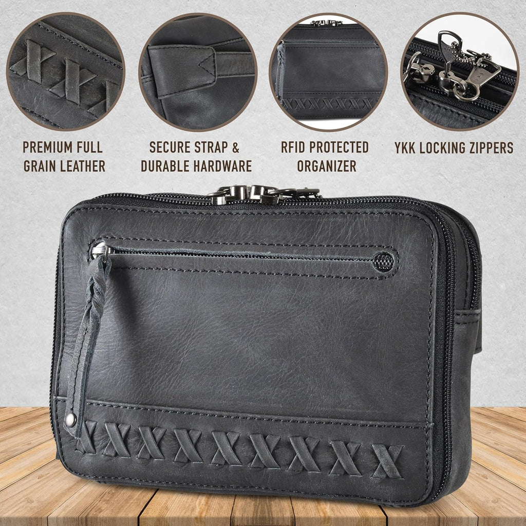 Kailey Concealed Self Defence Waist Bag by Lady Conceal - Buffalo or Suede Cowhide Leather, 3 Open Sides and YKK Locking Zippers with Universal Holster (Black) - 8' L x 5.5' H x 2.25'