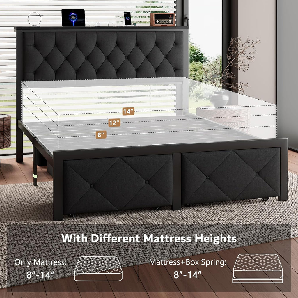 iPormis Queen Bed Frame with 2 Storage Drawers, Linen Upholstered Headboard Platform Bed with Charging Station, No Box Spring Needed, Metal Slats Support, Noise-Free, Easy Assembly, Black