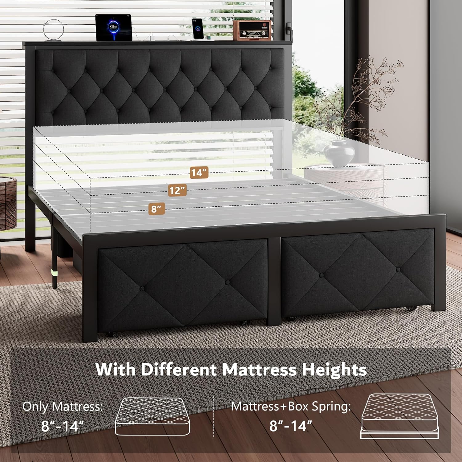 iPormis Queen Bed Frame with 2 Storage Drawers, Linen Upholstered Headboard Platform Bed with Charging Station, No Box Spring Needed, Metal Slats Support, Noise-Free, Easy Assembly, Black