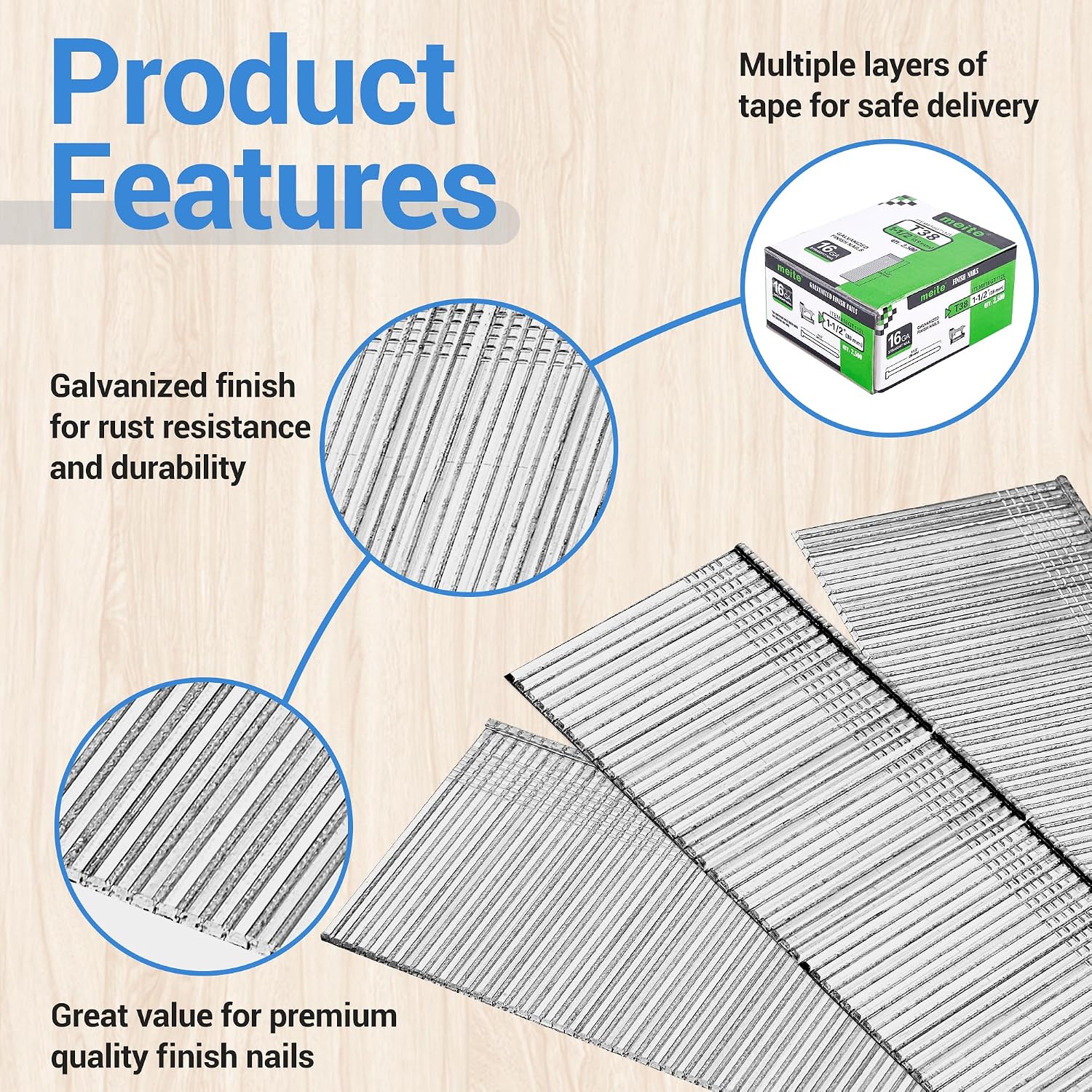 meite 16 Gauge Finish Nails, 1-1/2-Inch Galvanized 16GA Finish Nails, Small Straight Finishing Nail for 16 Gauge Finish Nailer Guns (1 Case)