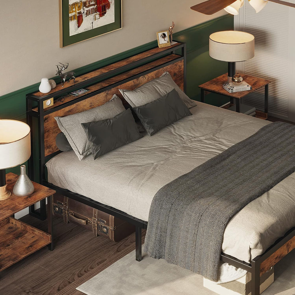 LIKIMIO Full Size Bed Frame, Platform Bed with 2-Tier Storage Headboard, Solid and Stable, Noise Free, No Box Spring Needed, Easy Assembly, Vintage Brown