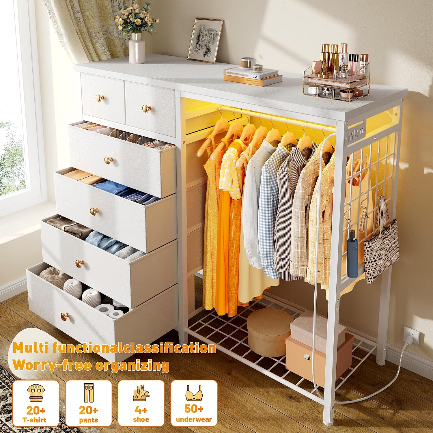 EnHomee 49.2' W Dresser with Hanging Rack & 6 Fabric Drawers for Bedroom, Featuring LED Lights and Charging Station, White Fabric Dressers & Chest of Drawers with Grid Panel & 4 Hooks, Wooden Top