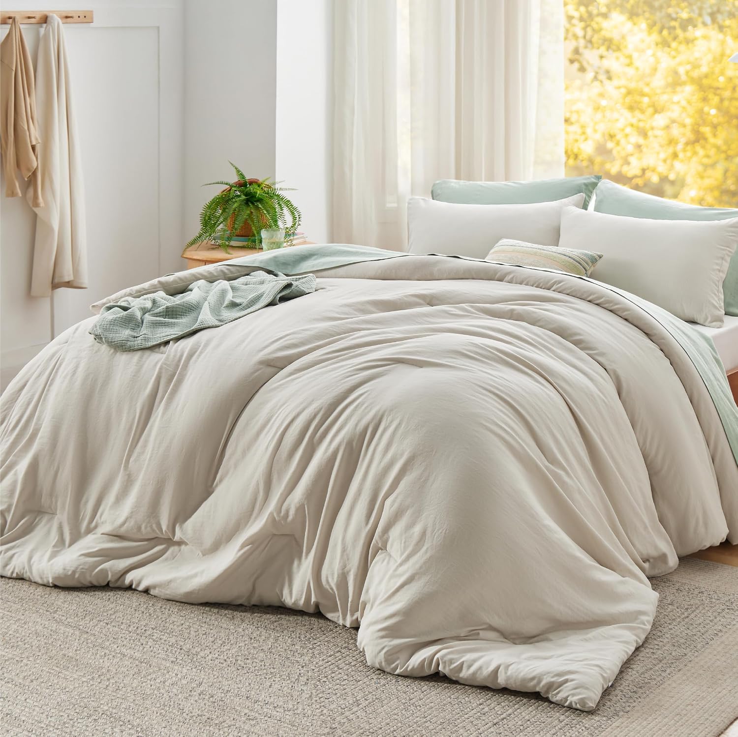 Bedsure Super King Plus Comforter Set, Beige Soft Prewashed Bedding for All Seasons, 3 Pieces GentleSoft™ Bed Set, 1 Lightweight Comforter (128'x120') and 2 Pillowcases (20'x36')