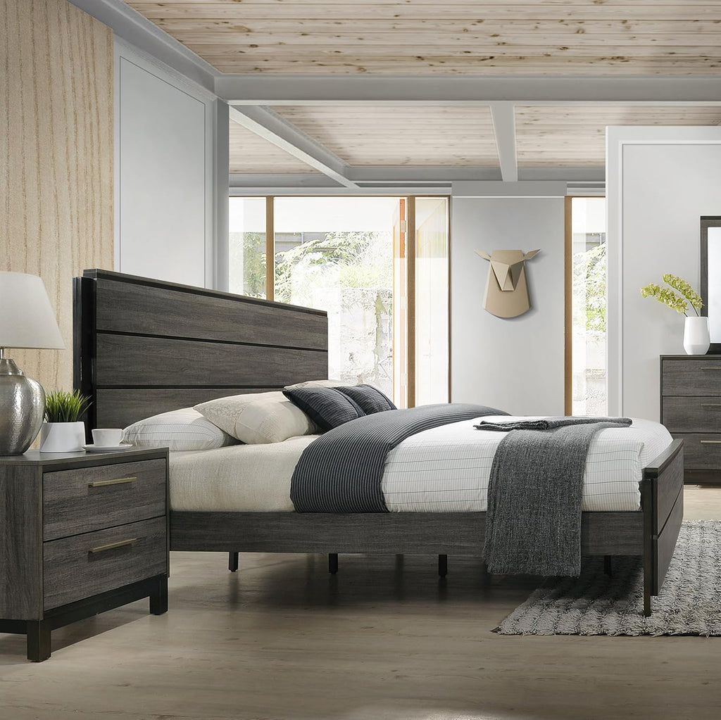Roundhill Furniture Ioana 187 Antique Grey Finish Wood Bed Room Set, King Size Bed, Dresser, Mirror, 2 Night Stands, Chest