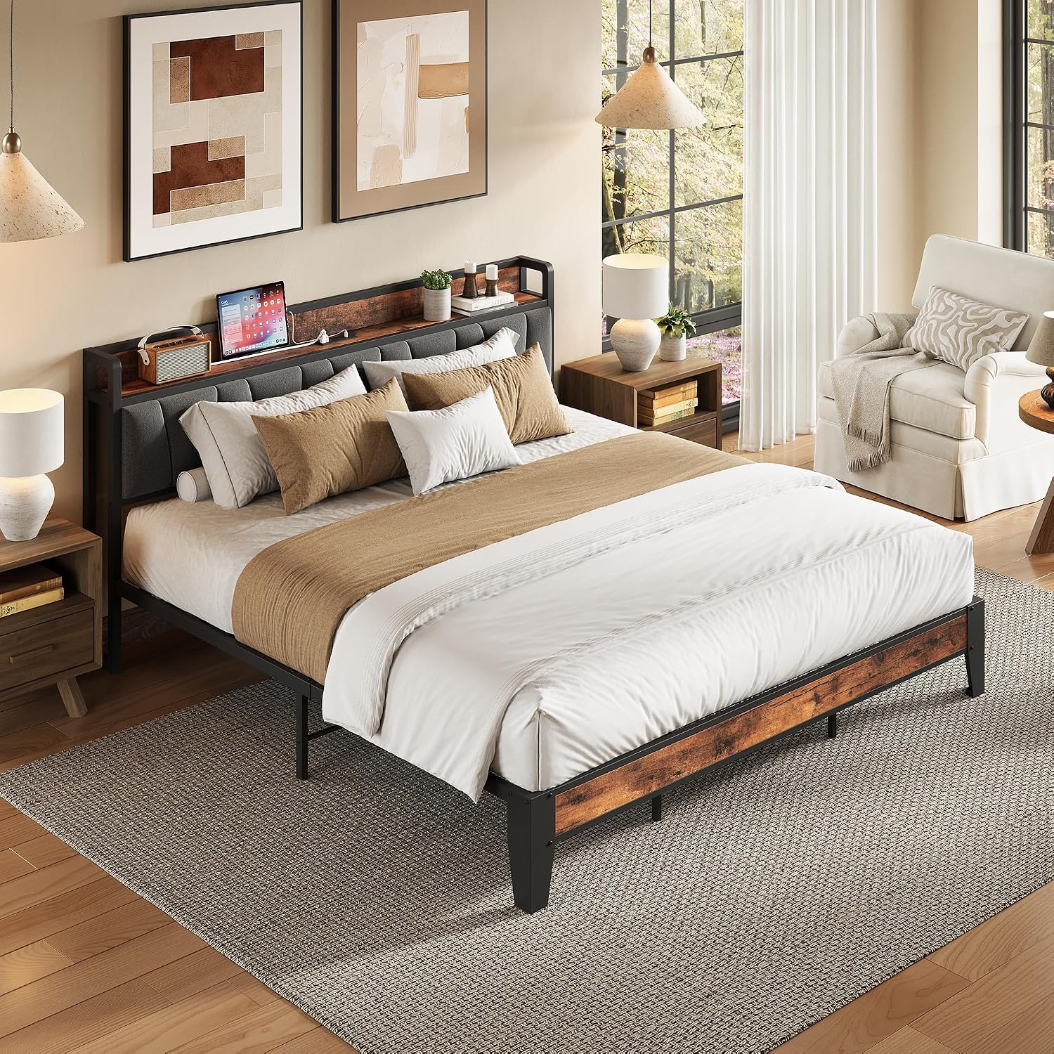 LIKIMIO King Size Bed Frame, Storage Headboard with Charging Station, Solid and Stable, Noise Free, No Box Spring Needed, Easy Assembly