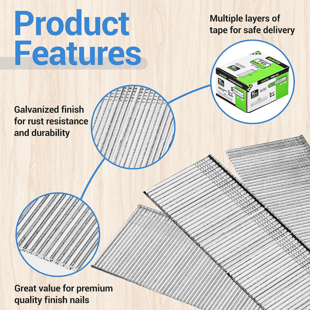 meite 16 Gauge Finish Nails 1-3/4 Inch Galvanized Straight Finishing Nails for Finish Nailer Gun Window Casing Baseboard Crown Molding, 1 Case/30,000PCS