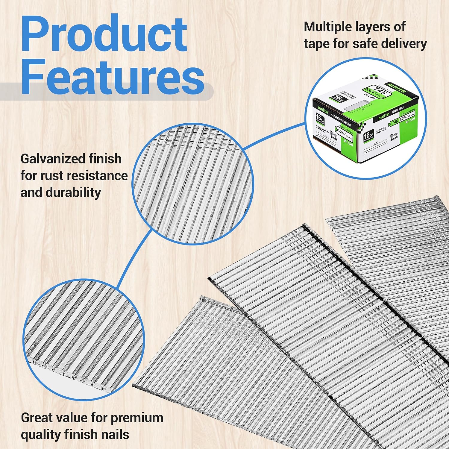 meite 16 Gauge Finish Nails 1-3/4 Inch Galvanized Straight Finishing Nails for Finish Nailer Gun Window Casing Baseboard Crown Molding, 1 Case/30,000PCS
