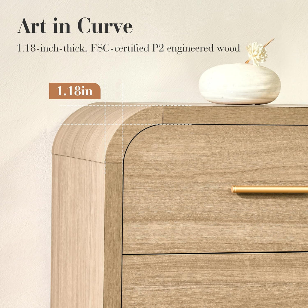 Curved 6-Drawer Dresser for Bedroom, 54' Wide Modern Chest of Drawers, Vanity Desk TV Stand for Living Room, Closet Storage Drawers Organizer Furniture, Nursery, Hallway, Oak