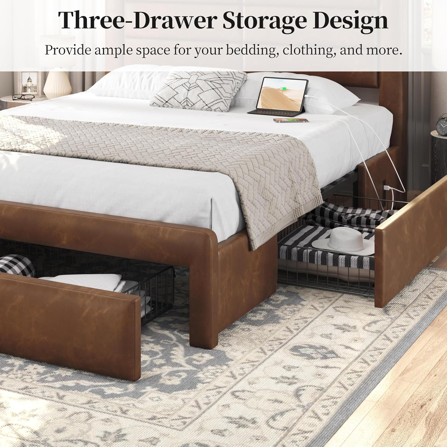 Yaheetech Queen Bed Frame with 2 USB Charging Stations/Port for Type A&Type C/3 Storage Drawers,Leather Upholstered Platform Bed with Headboard/Solid Wood Slat Support/No Box Spring Needed/Amber Brown