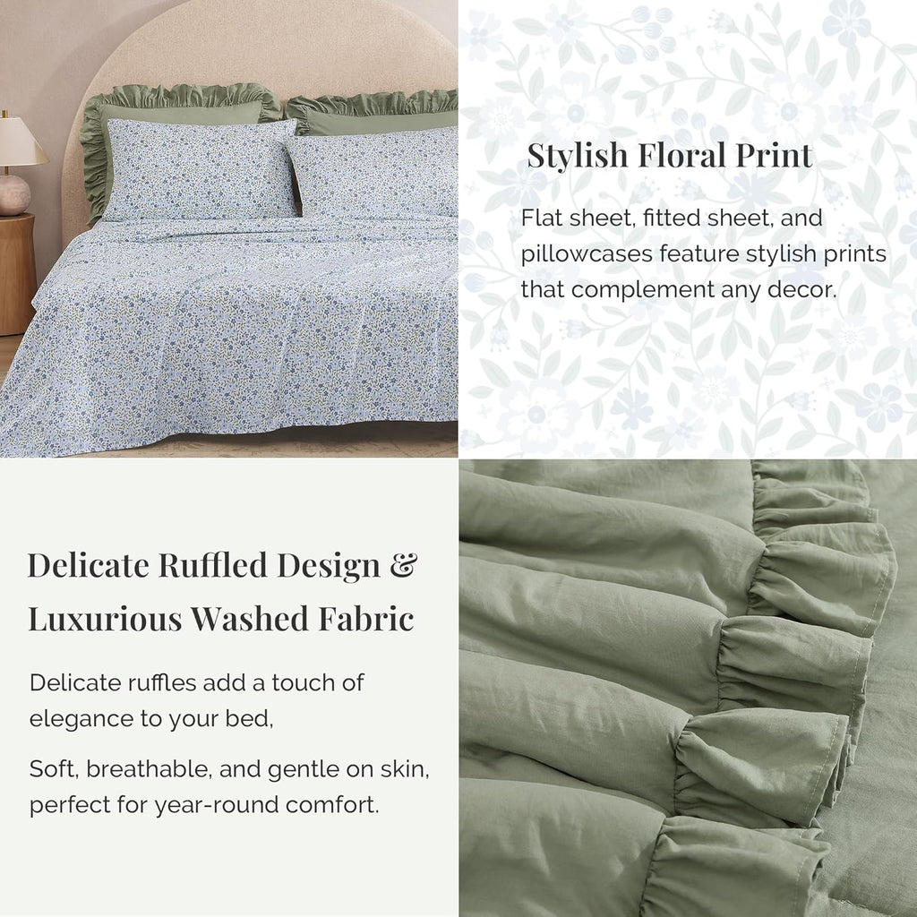 BLOOMHAVEN Oversized King Comforter Set - 7 Pieces Ruffle Sage Leaf Bedding Sets, Shabby Chic Farmhouse Bed in a Bag with Ruffle Comforter, Floral Sheets, Pillowcases & Shams