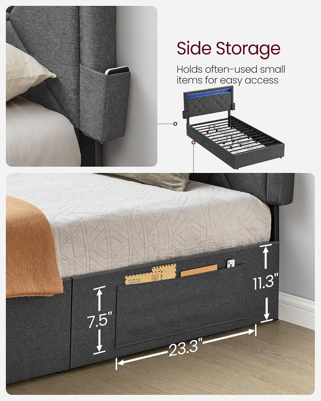 VASAGLE LED Bed Frame Twin Size, Twin Bed with Headboard and 4 Drawers, 1 USB Port and 1 Type C Port, Adjustable Upholstered Headboard 37.1/39.6 Inches, No Box Spring Needed, Dark Gray URMB823G71