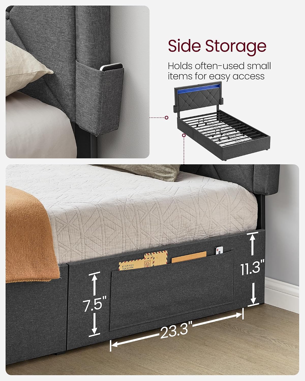 VASAGLE LED Bed Frame Twin Size, Twin Bed with Headboard and 4 Drawers, 1 USB Port and 1 Type C Port, Adjustable Upholstered Headboard 37.1/39.6 Inches, No Box Spring Needed, Dark Gray URMB823G71