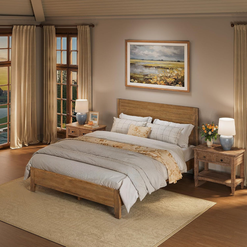 Cozyman Queen Bed Frame with Headboard, 100% Solid Acacia Wood Platform, 800lb Heavy Duty Support with 10 Reinforced Legs, Noise-Free No Box Spring Needed, Low-Profile Design, Dark Wood