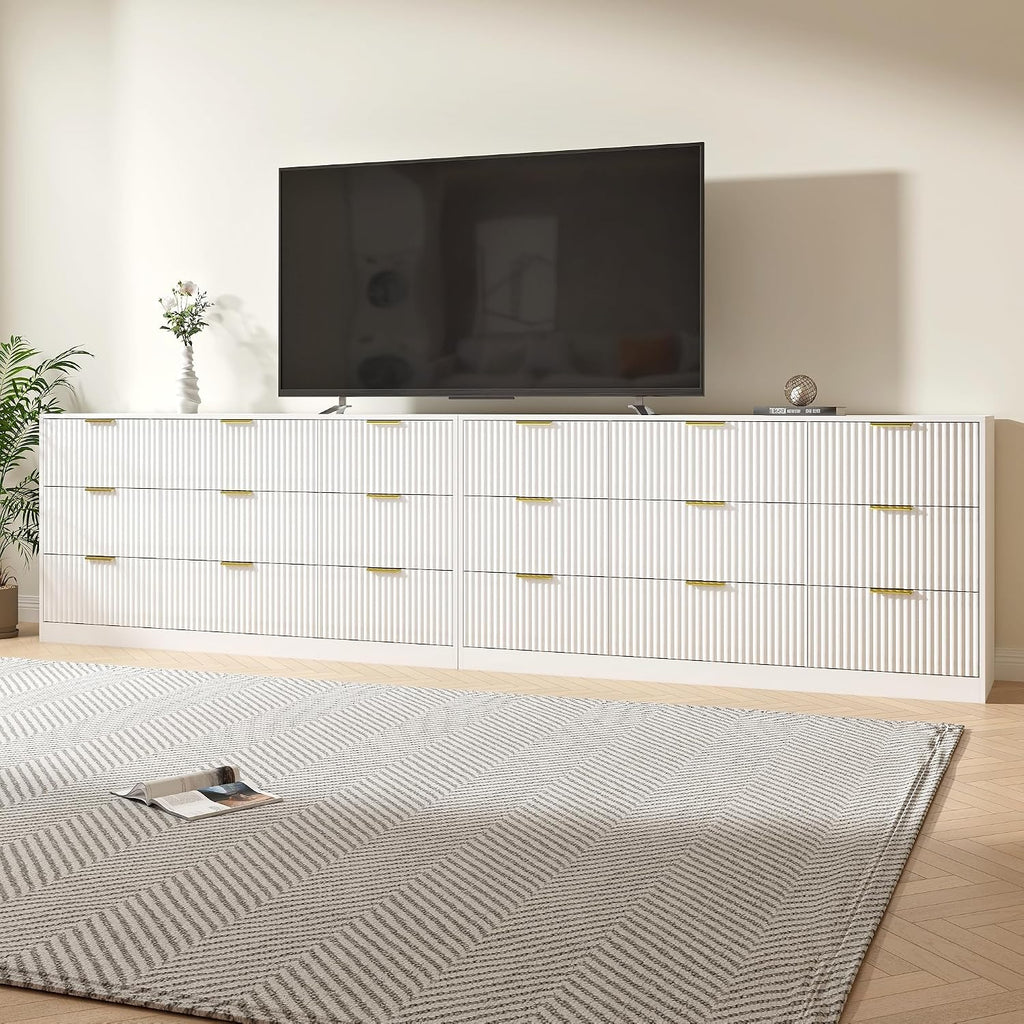 White Dresser Set of 2, Long Dresser for Bedroom Wooden with 18 Drawers, Fluted Modern Bedroom Furniture Set, TV Stand Dressers & Chests of Drawers for Closet (15.7'D x 125.8'W x 31.8'H)