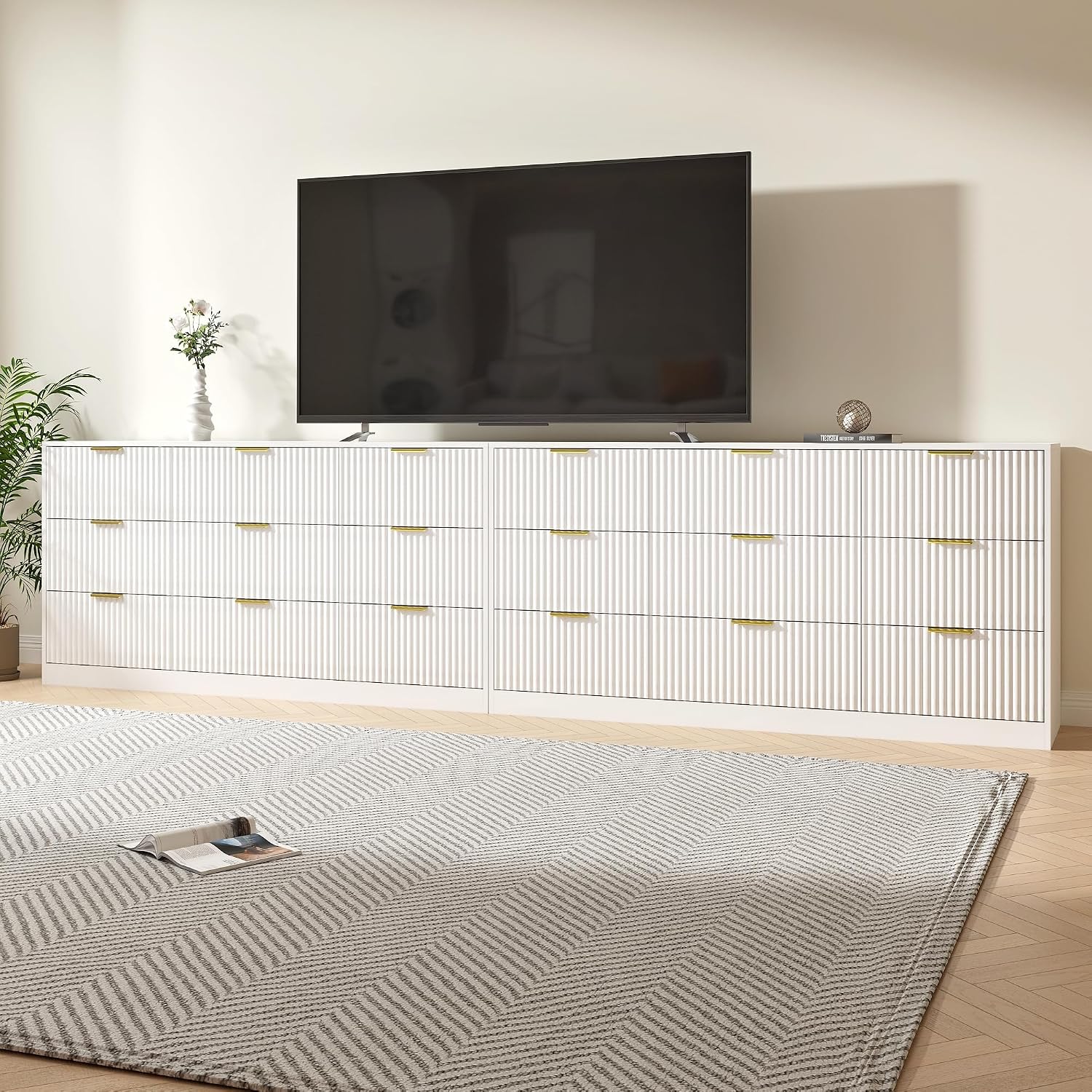 White Dresser Set of 2, Long Dresser for Bedroom Wooden with 18 Drawers, Fluted Modern Bedroom Furniture Set, TV Stand Dressers & Chests of Drawers for Closet (15.7'D x 125.8'W x 31.8'H)