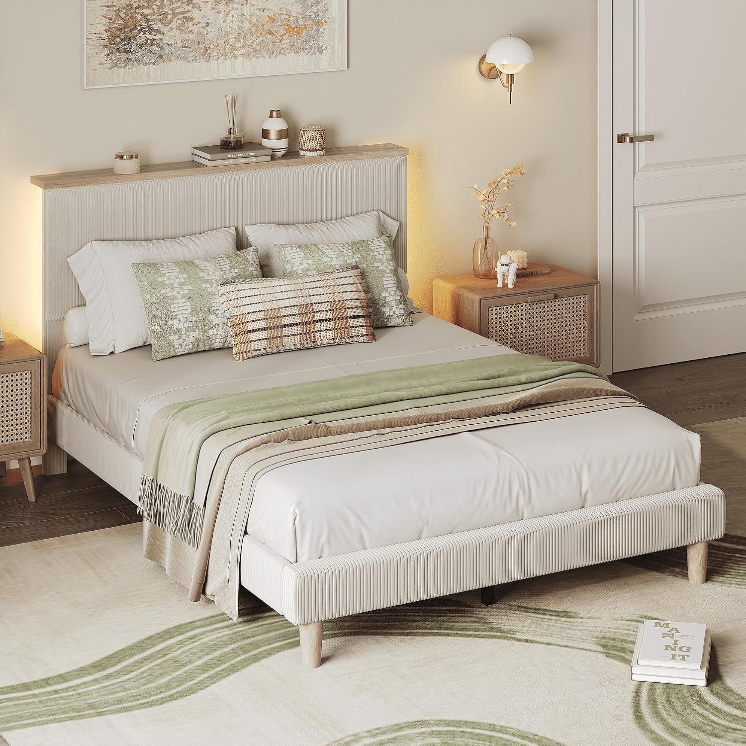 Bestier Full Bed Frame with Adjustable Headboard & LEDLighting, Corduroy Upholstered Platform Bed Frame withStorage Shelf, Solid Wood Slats, No Box Spring Needed,Never Squeak, Easy Assembly, Beige