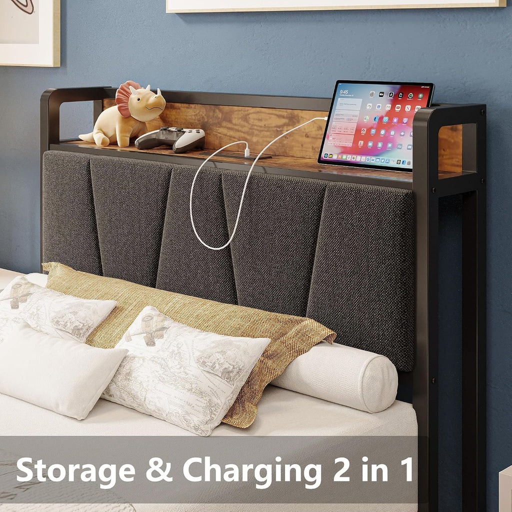 LIKIMIO Twin XL Bed Frames, Storage Headboard with Charging Station, Solid and Stable, Noise Free, No Box Spring Needed, Easy Assembly