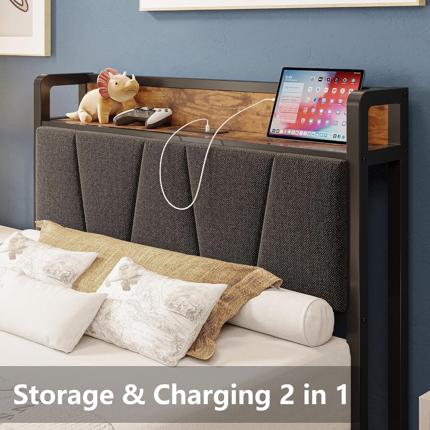 LIKIMIO Twin XL Bed Frames, Storage Headboard with Charging Station, Solid and Stable, Noise Free, No Box Spring Needed, Easy Assembly
