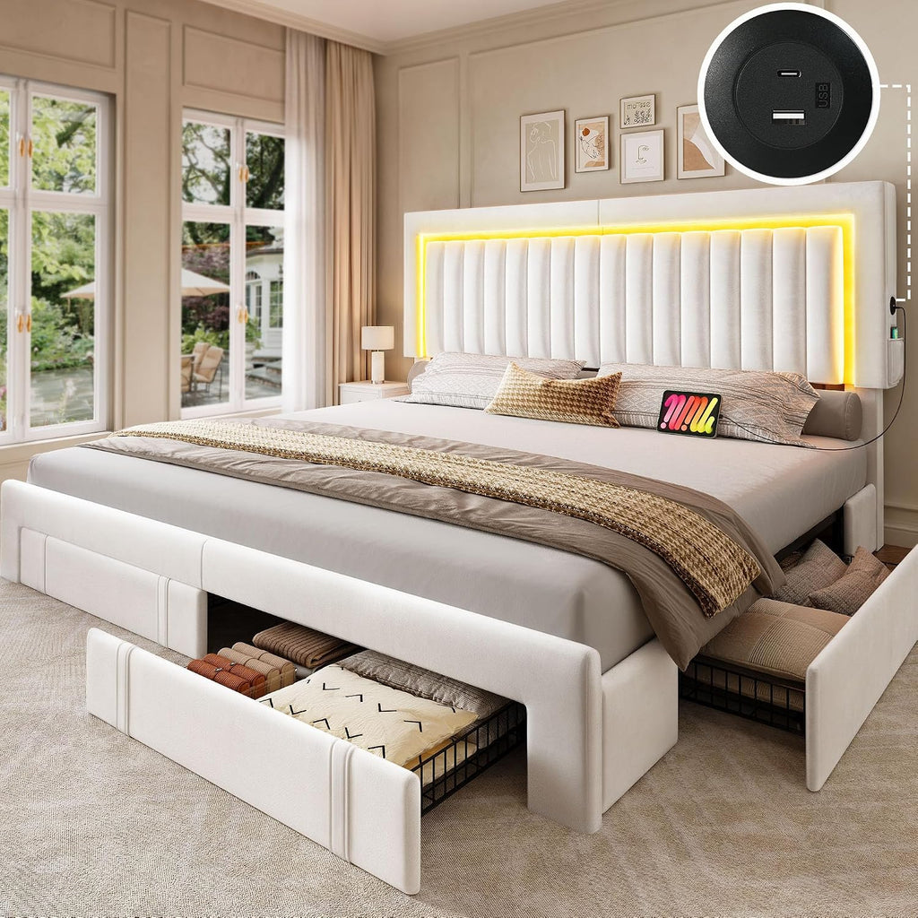 DWVO King Size Bed Frame with Adjustable Headboard, 4 Storage Drawers and RGB LED Lights, Velvet Upholstered Platform Bed with USB Ports, No Box Spring Needed, Fast Assembly, Noise-Free, White