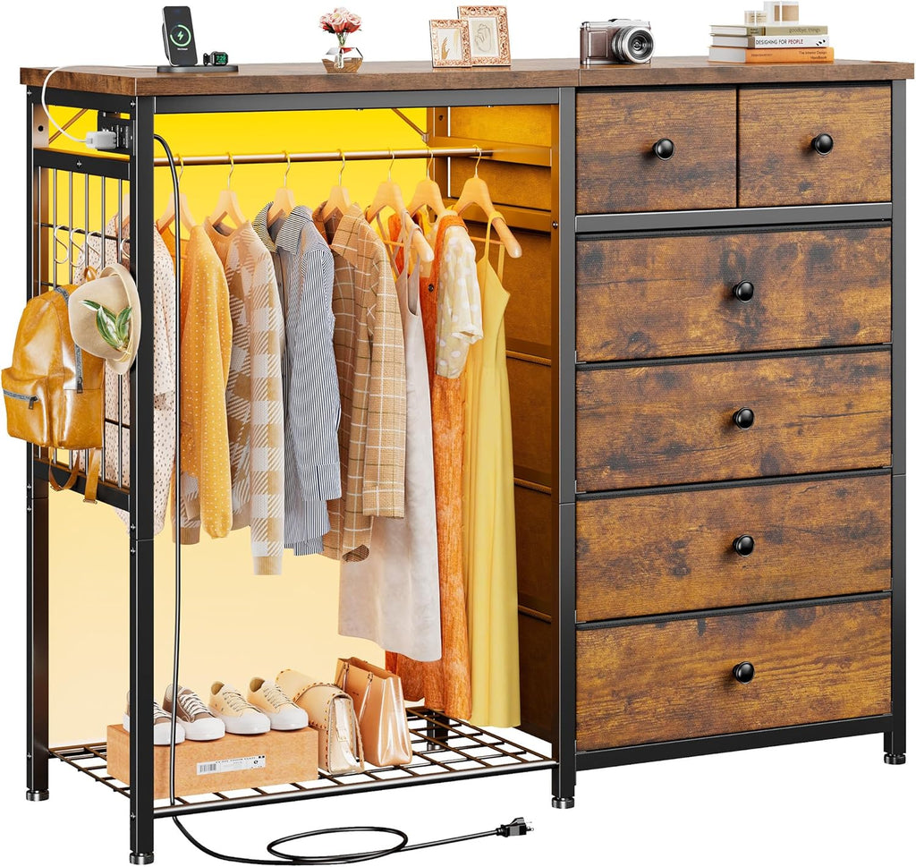 EnHomee 49.2' W Dresser with Hanging Rack & 6 Fabric Drawers – Wooden Top Organize Unit Featuring LED Lights, Charging Station & Grid Panel & Hooks for Bedroom, Rustic Brown
