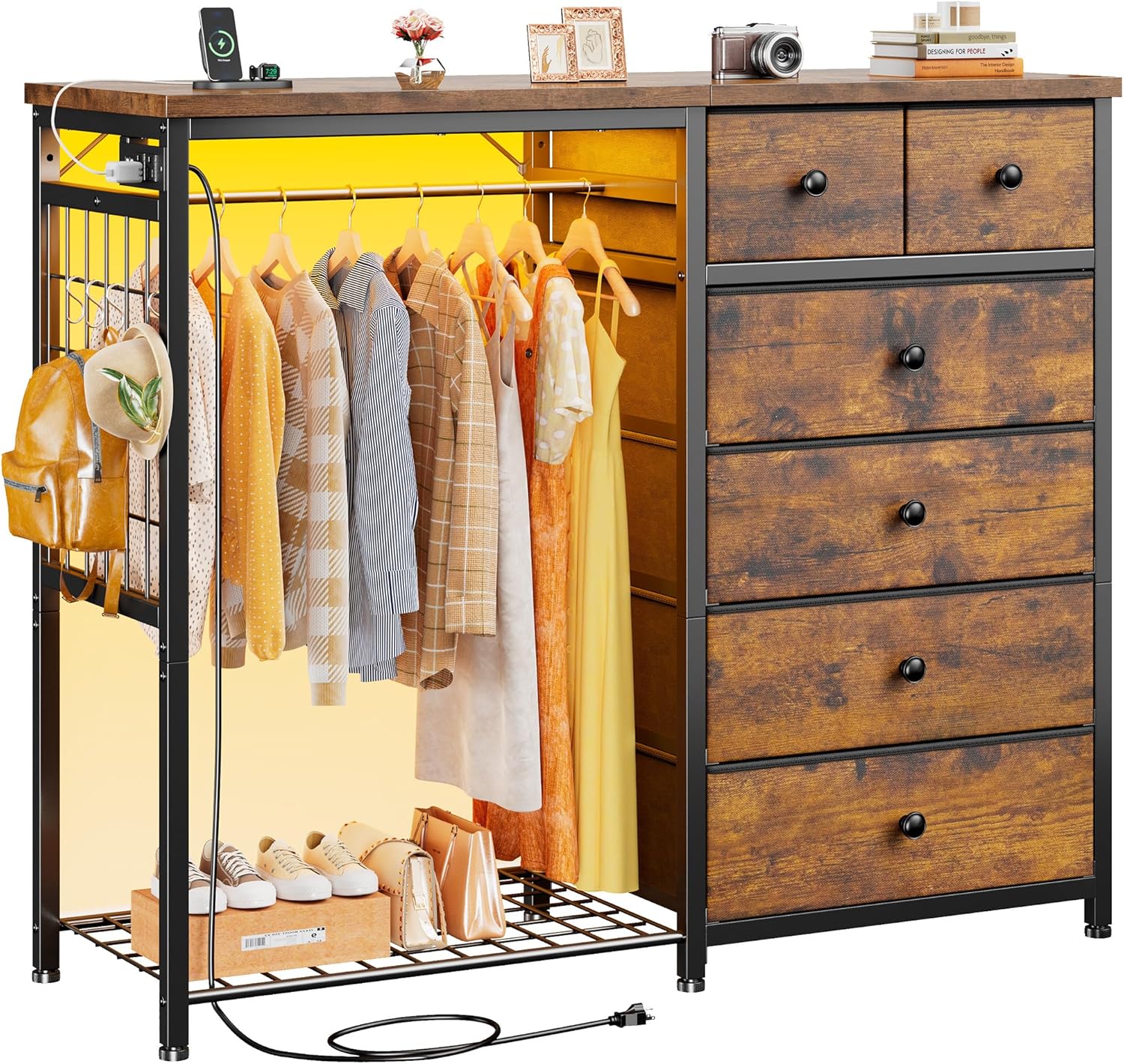 EnHomee 49.2' W Dresser with Hanging Rack & 6 Fabric Drawers – Wooden Top Organize Unit Featuring LED Lights, Charging Station & Grid Panel & Hooks for Bedroom, Rustic Brown