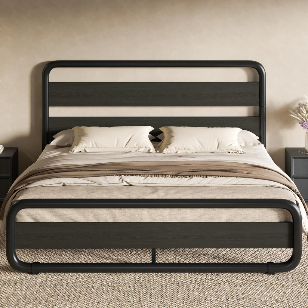 SHA CERLIN Full Size Metal Bed Frame with Wooden Headboard and Footboard, Heavy Duty Oval-Shaped Platform Bed Frame with 10' Under-Bed Storage, Noise Free, No Box Spring Needed, Black
