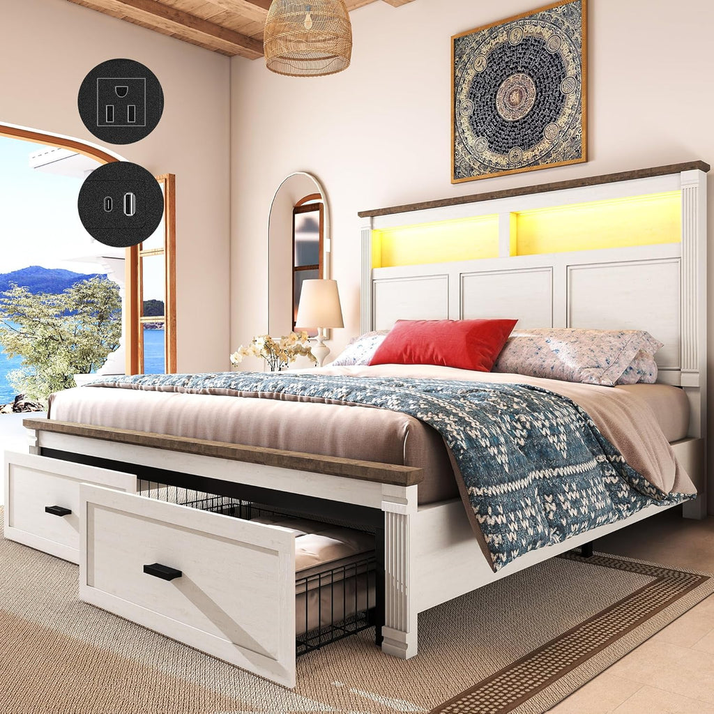 King Size Bed Frame with 53' Tall Headboard, Farmhouse Platform Bed Frame with Roman Column Decoration Footboard & 2 Storage Drawers, LED Built in Charging Station, No Box Spring Needed（Rust White)