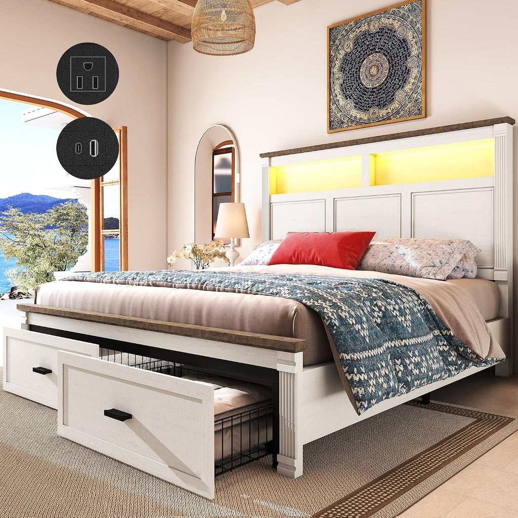 Queen Size Bed Frame with 2 Storage Drawers, 53' Tall Headboard Farmhouse Platform Bed Frame with Roman Column Decoration Footboard, LED Built in Charging Station, No Box Spring Needed（Rust White)
