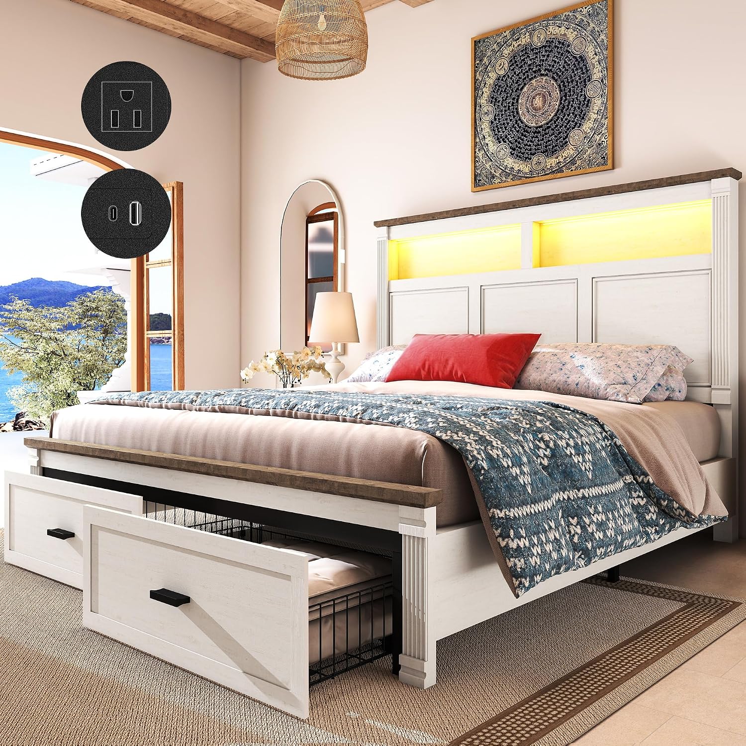 Queen Size Bed Frame with 2 Storage Drawers, 53' Tall Headboard Farmhouse Platform Bed Frame with Roman Column Decoration Footboard, LED Built in Charging Station, No Box Spring Needed（Rust White)