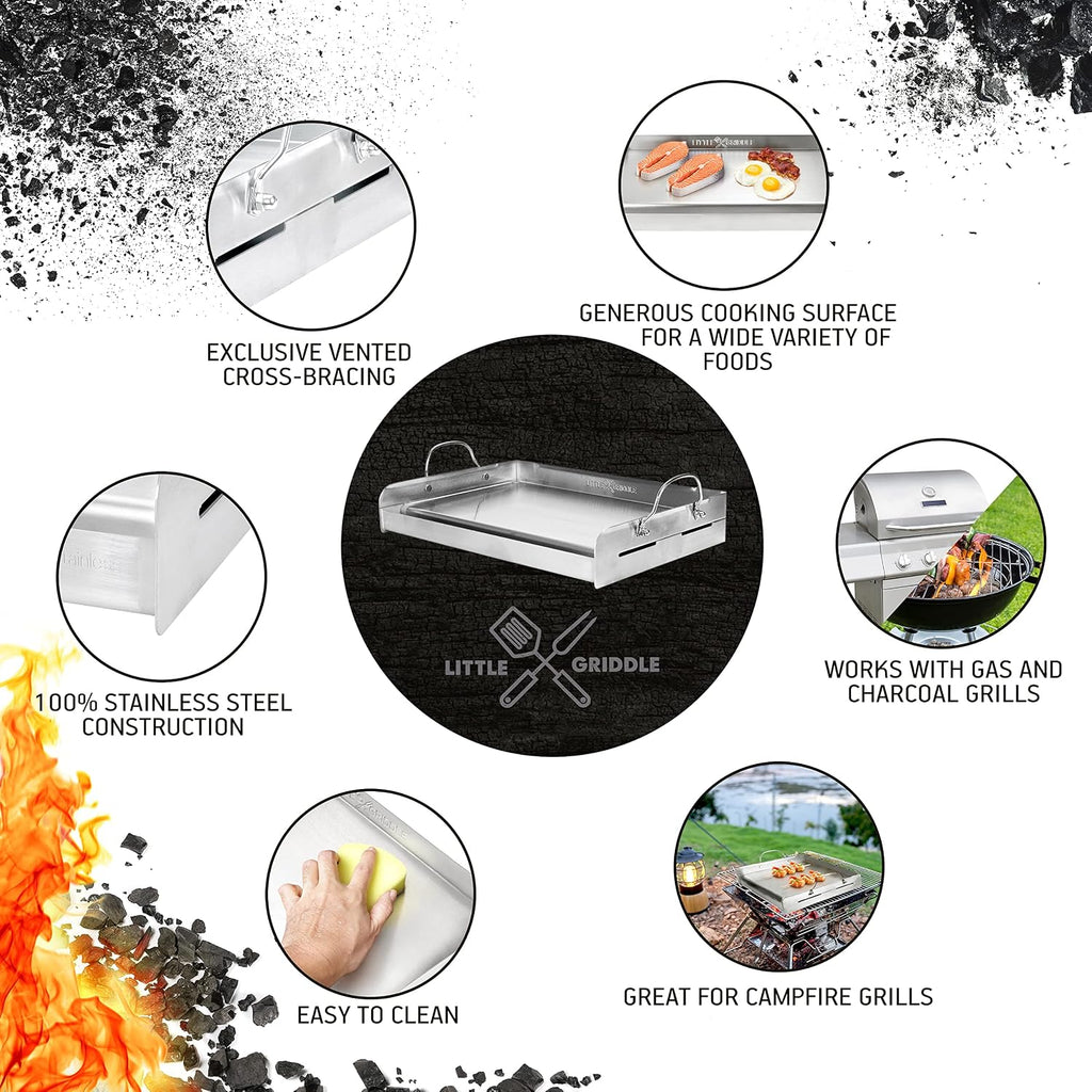 LITTLE GRIDDLE 100% Stainless Steel Griddle with Even Heat Cross Bracing and Removable Handles - For Grills, Camping, Tailgating, Silver, 25' x 16' x 6.5'