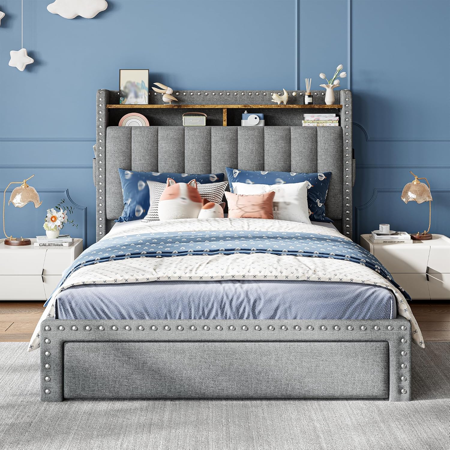 EnHomee Twin Fabric Upholstered Bed Frame with 2-Tier Vertical Channel Tufted Headboard and 2 Storage Drawers, Extra Storage Space for Bedroom Apartment,Grey