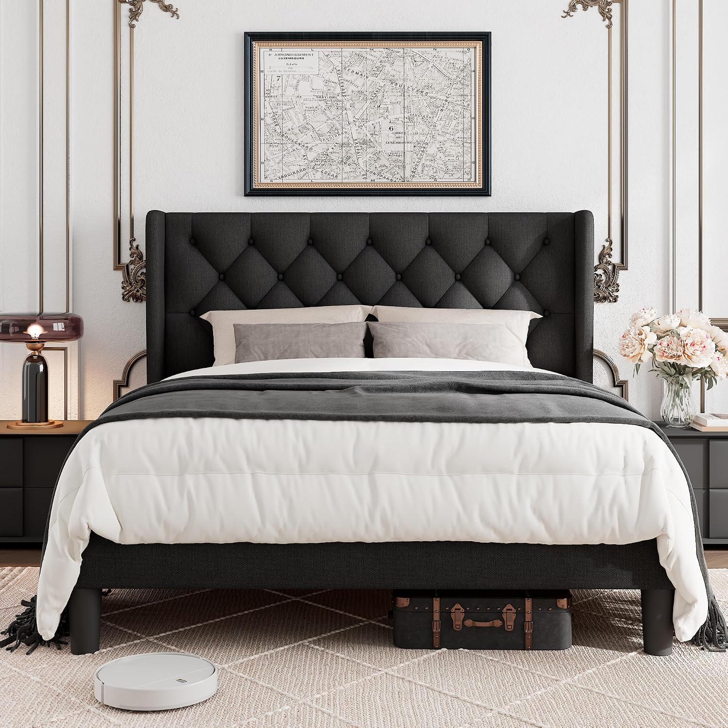 GalnFu Queen Size Bed Frame with Button Tufted Headboard, Upholstered Platform Bed Frame with UnderBed Storage, Wooden Slats Supports, Noise Free, No Box Spring Needed, Easy Assembly, Black