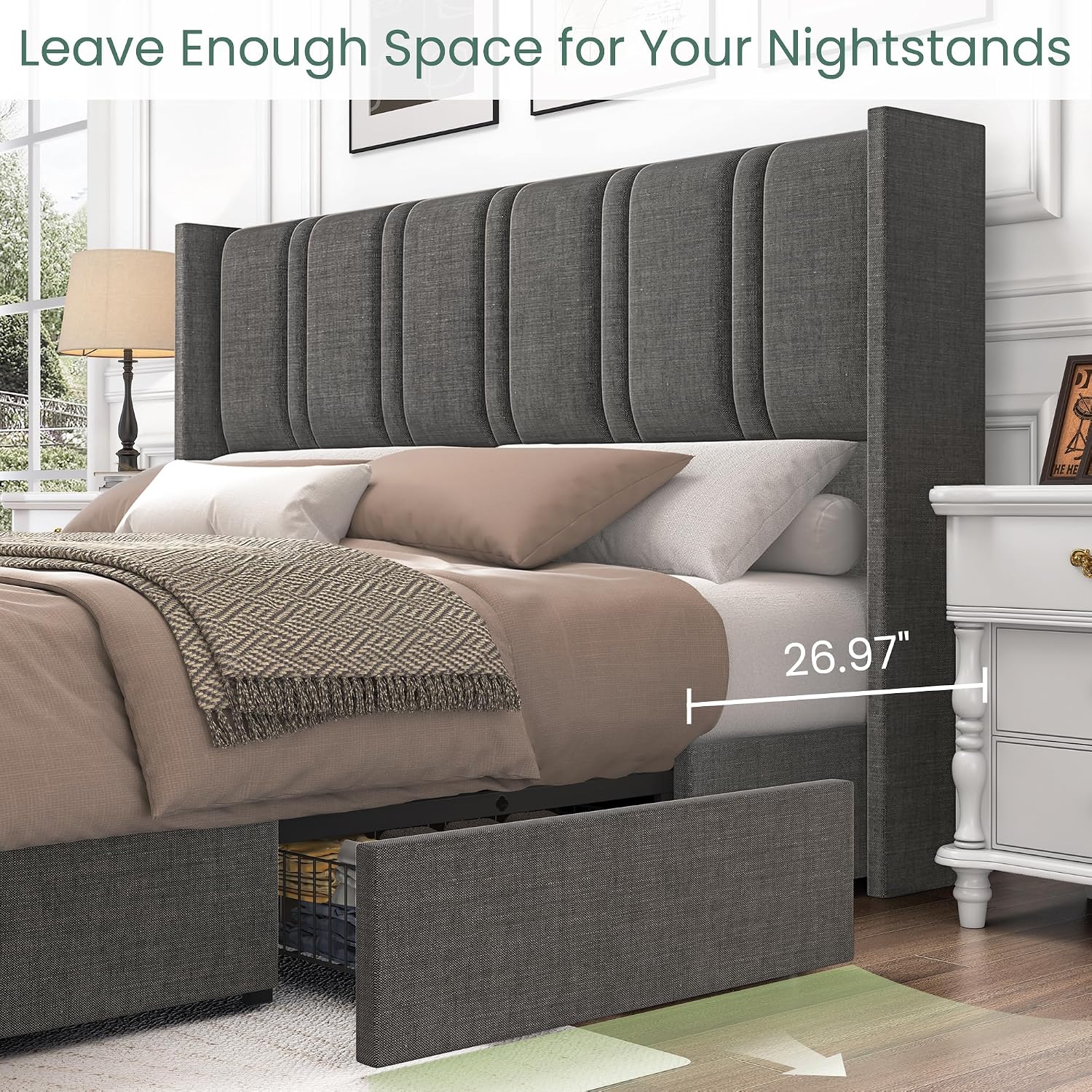 LARMACE Bed Frame Queen Size with Storage Drawers and Wingback Headboard, Linen Upholstered Platform Bed Frame with Wooden Slats, Easy Assembly, Light Grey