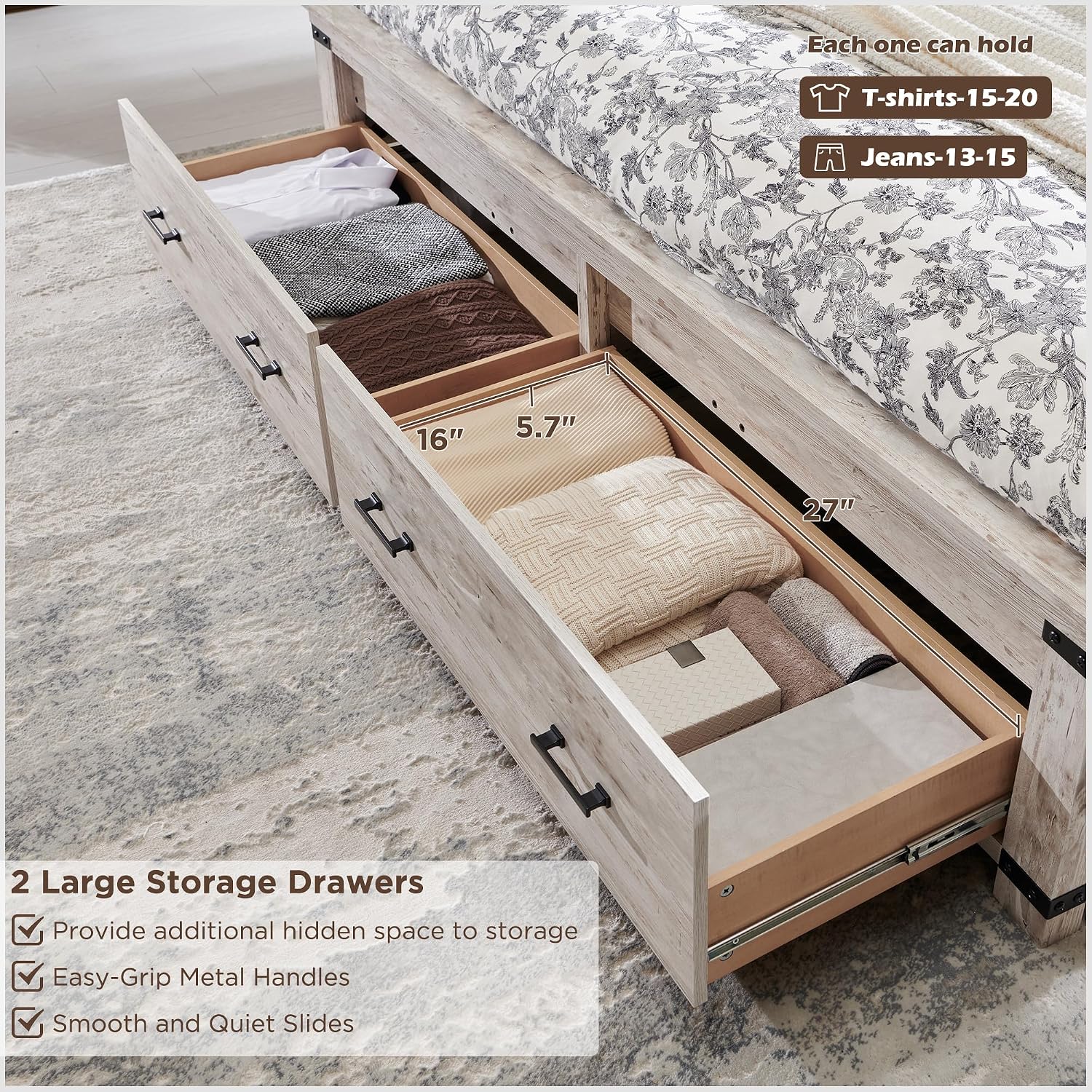 RedLemon Farmhouse Queen Size Bed Frame w/ 54' Tall Geometric Headboard, Rustic Wood Platform Bed w/ 2 Large Storage Drawers, Wood Slats Support, Noise Free, No Box Spring Needed, Antique Brush White